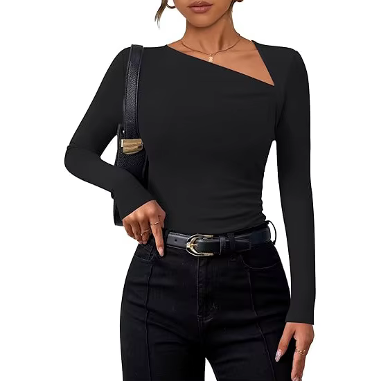 T-shirt à manches longues pour femmes, coupe cintrée, col incliné, haut basique, tendance, Streetwea