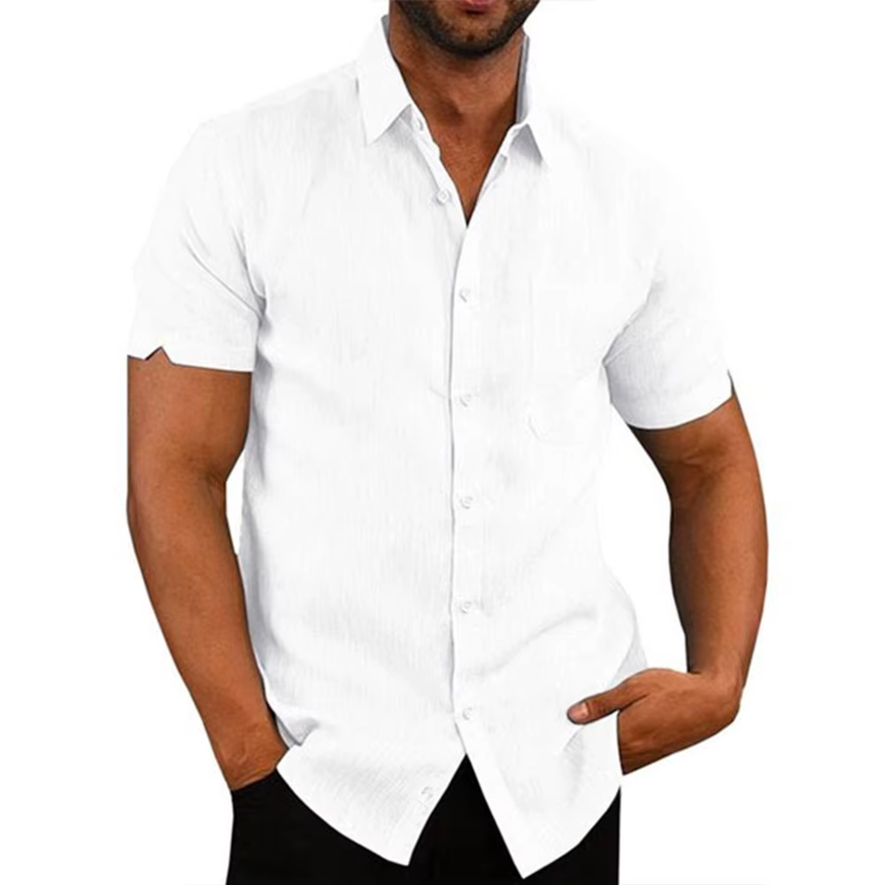 Chemises à manches courtes pour hommes, en coton et lin, couleur unie, col rabattu, décontracté, Sty