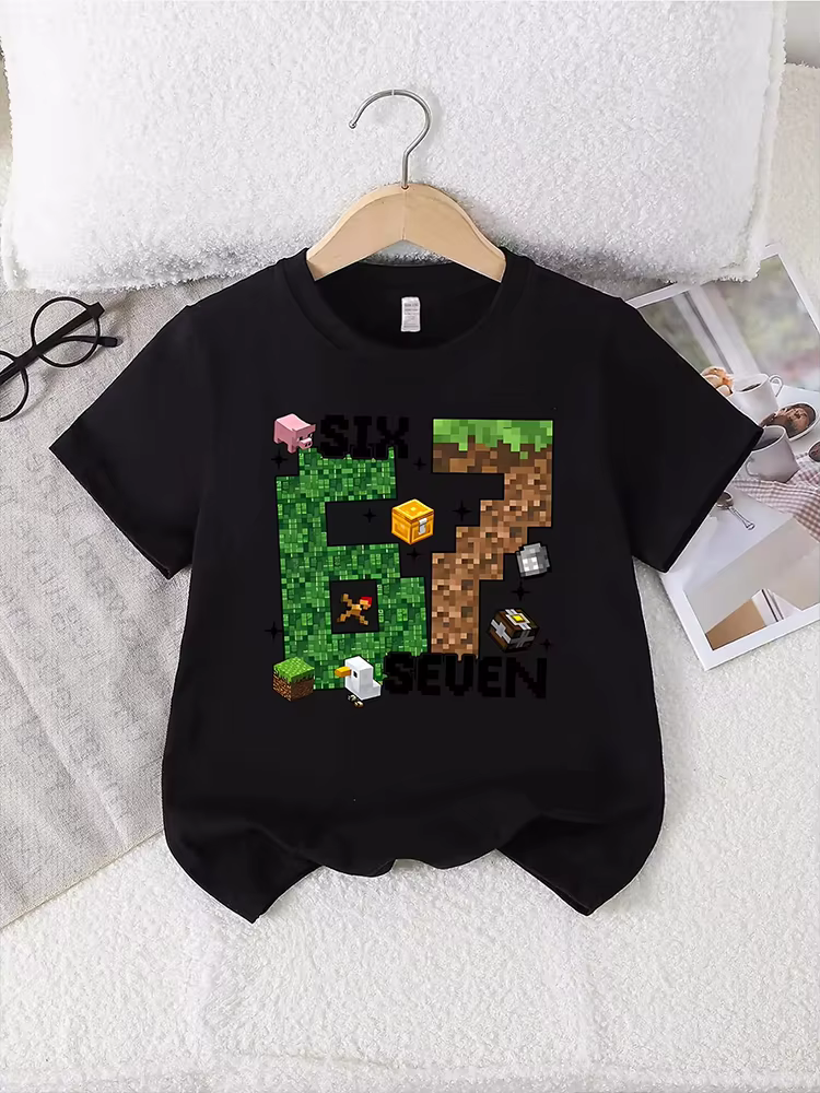 T-shirt imprimé coloré à thème 67 pour enfants, tissu en coton doux, respirant et confortable, idéal