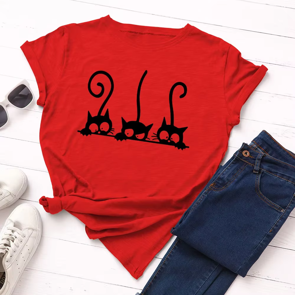 T-shirt manches courtes femme 100% coton, estival et estival, avec chat imprimé