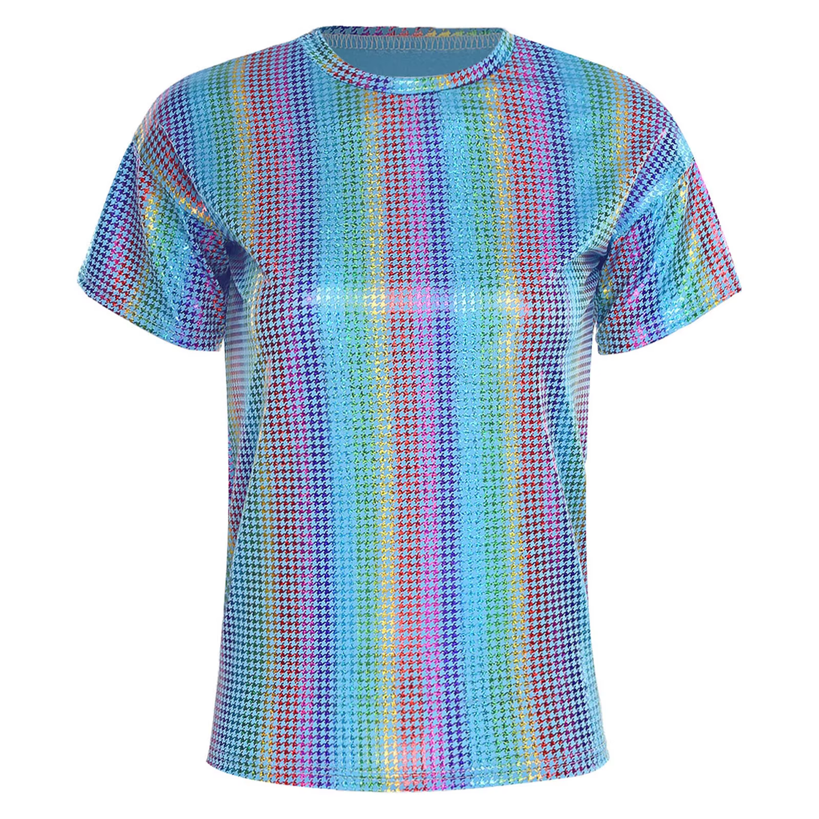 T-shirt à carreaux holographiques disco des années 80 pour femmes et hommes, pull à manches courtes,