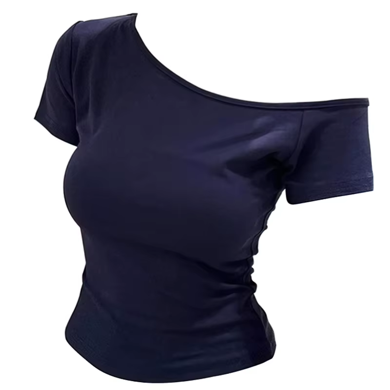 Haut d'été asymétrique pour femme, coupe ajustée, t-shirt à manches courtes, sexy, basique, chic cor