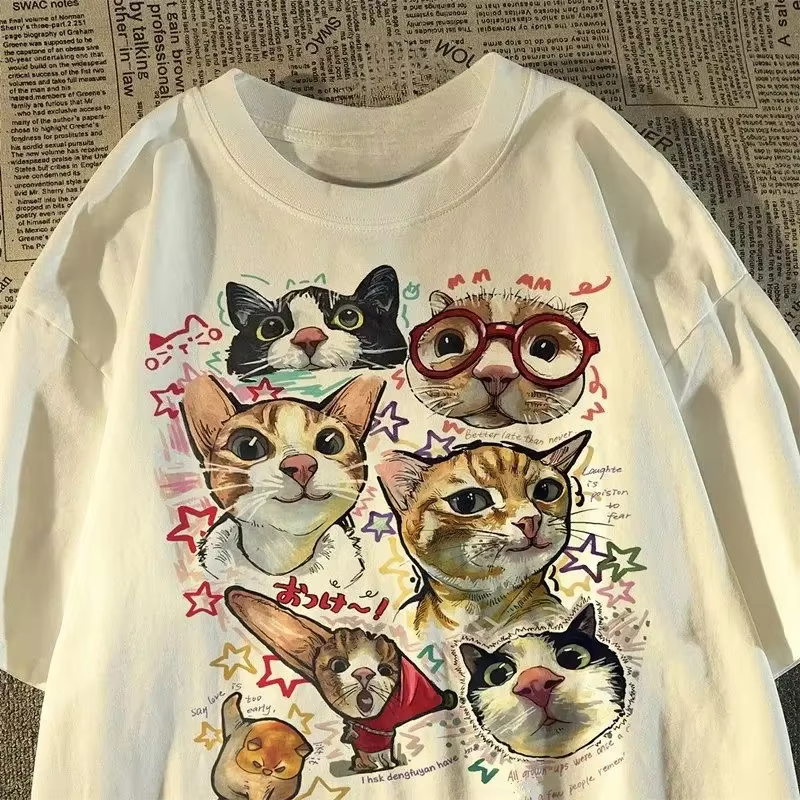 T-shirt à manches courtes pour femmes, rétro américain, amusant, imprimé chat de dessin animé, haut 