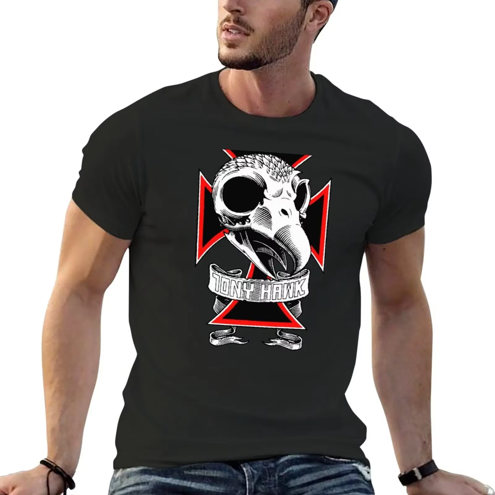TONY HAWK-T-Shirt à Manches Courtes et Col Rond pour Homme, Vêtement Décontracté, Blanc, Noir, Uni,