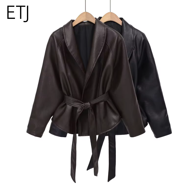 Veste Courte Ceinturée en Similicuir PU Vintage pour Femme ETJ, Col Montant, Collection Printemps 20