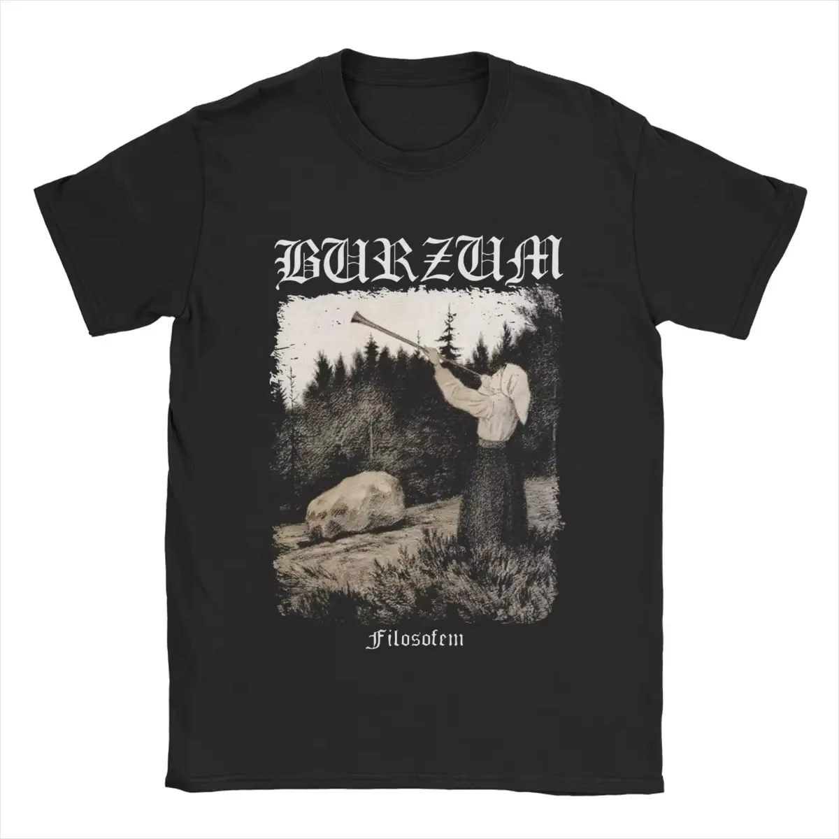 T-shirt Burzum Blow The Trumpet Vintage Washed Black Metal Band Merch unisexe surdimensionné à col r
