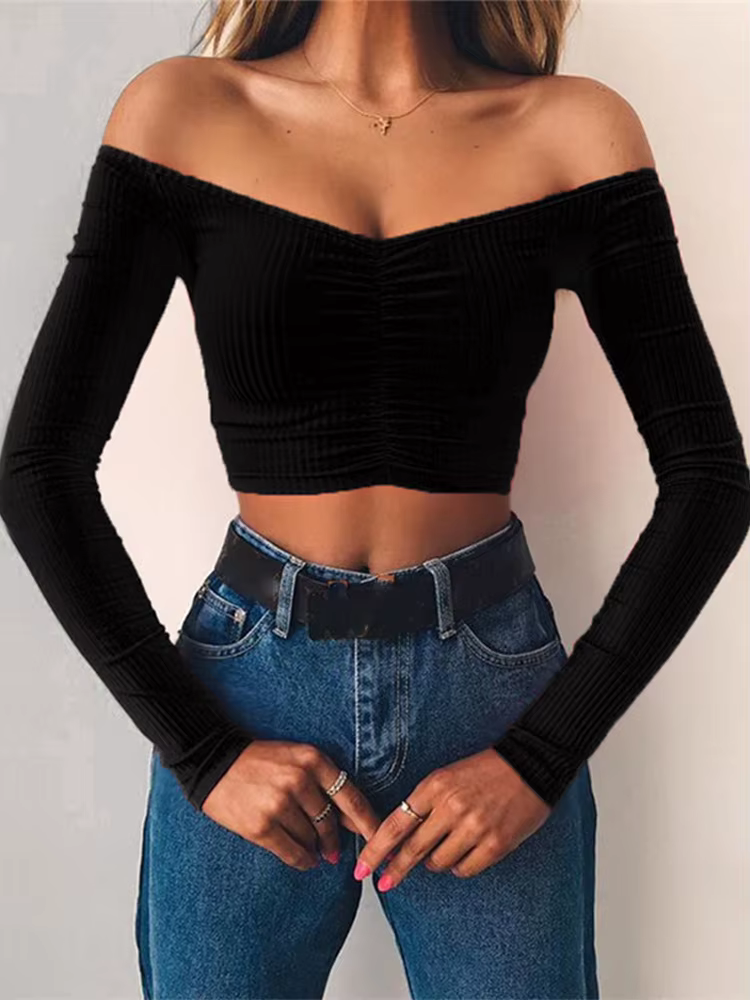 Femmes T-shirts sexy et club mode femme T-shirt à manches longues épaules nues couleur unie dame T-s