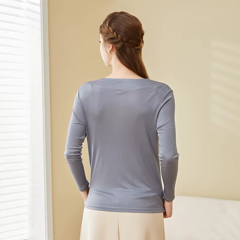 T-shirts en soie véritable Birdtree pour femme, col rond, uni, décontracté, manches longues, basique