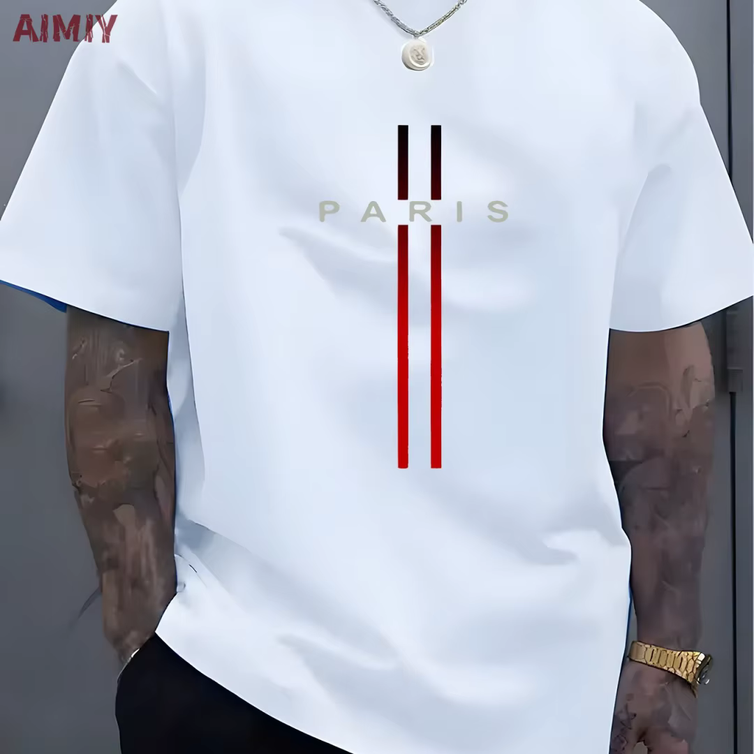 T-shirt à Manches Courtes et Col Rond pour Homme, Haut Décontracté, Imprimé de Lettres PARI, Été