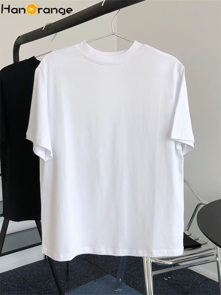 HanOrange-T-shirt à Manches Courtes et Col Rond pour Femme, Haut Vintage, Simple, Fin, Décontracté,