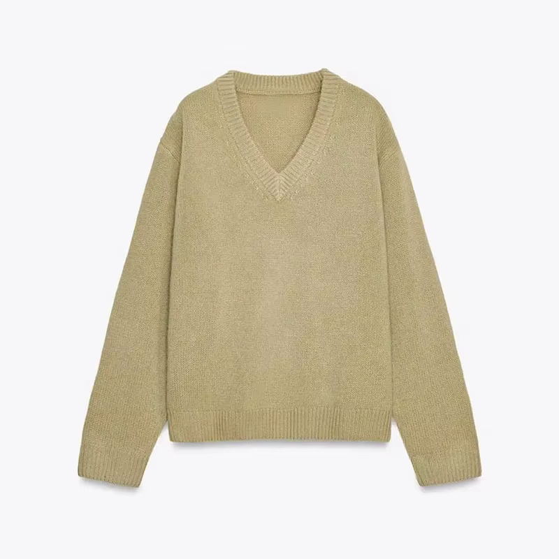 Pull tricoté élégant à col en v pour femme, couleur unie, ample, manches longues, chaud, assorti ave