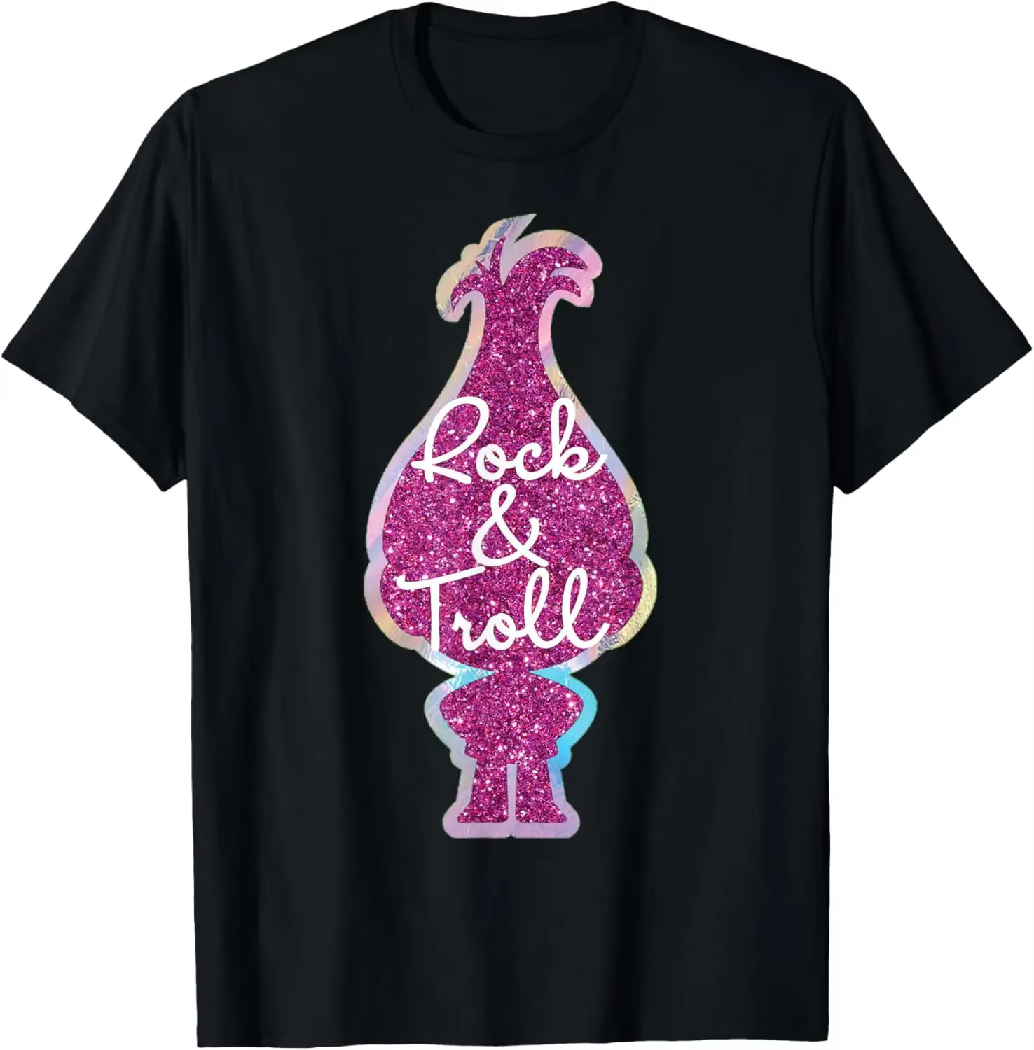 T-shirt graphique Funny Trolls Rock & Troll Glitter en coton doux, col rond, manches courtes, décont