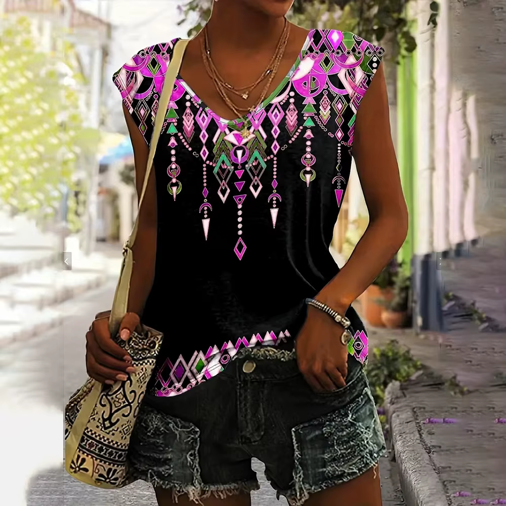 T-shirt à col en V imprimé floral 3D pour femmes, t-shirts personnalisés, haut en fibre, streetwear