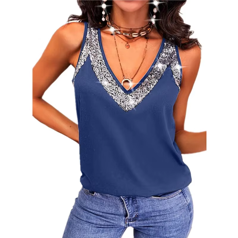 T-Shirt à Paillettes et Col en V pour Femme, Vêtement Confortable et Décontracté, à la Mode, 2024