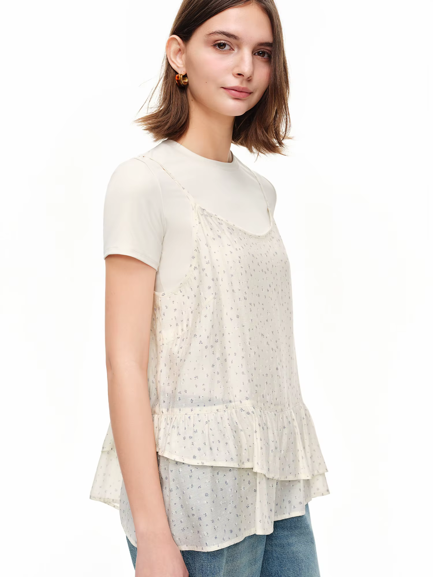 DUSHU Haut cache-cœur floral style coréen bleu clair, nouvelle collection été 2026, superposé, épaul