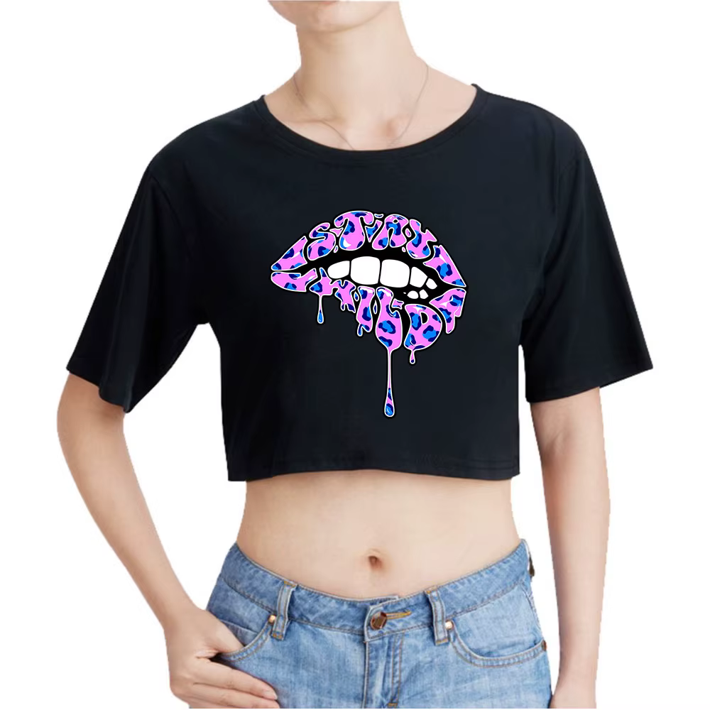 Ben Azelart Stay Wild Lip Vintage 90s Crop Top Exposed Navel T-Shirt Oversize O-Neck Tops Women Funn