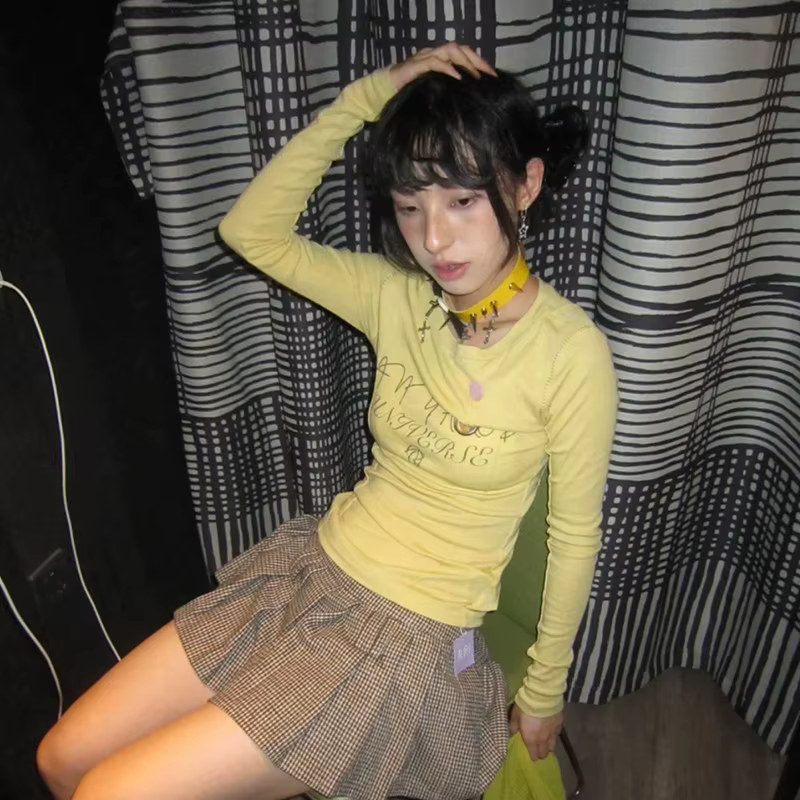 Karr233 Y2K-T-shirt à Manches sulfJaune pour Fille Streetwear, Esthétique Japonaise des Années 2000,