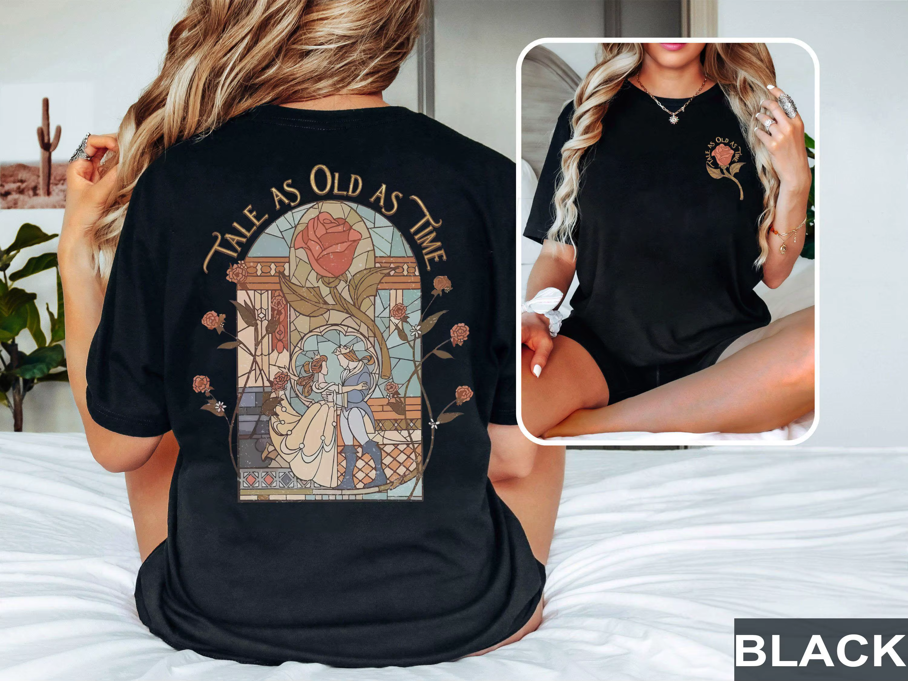 T-Shirt rétro Disney la Belle et la Bête pour femmes, Vintage, en coton, manches courtes, unisexe, S