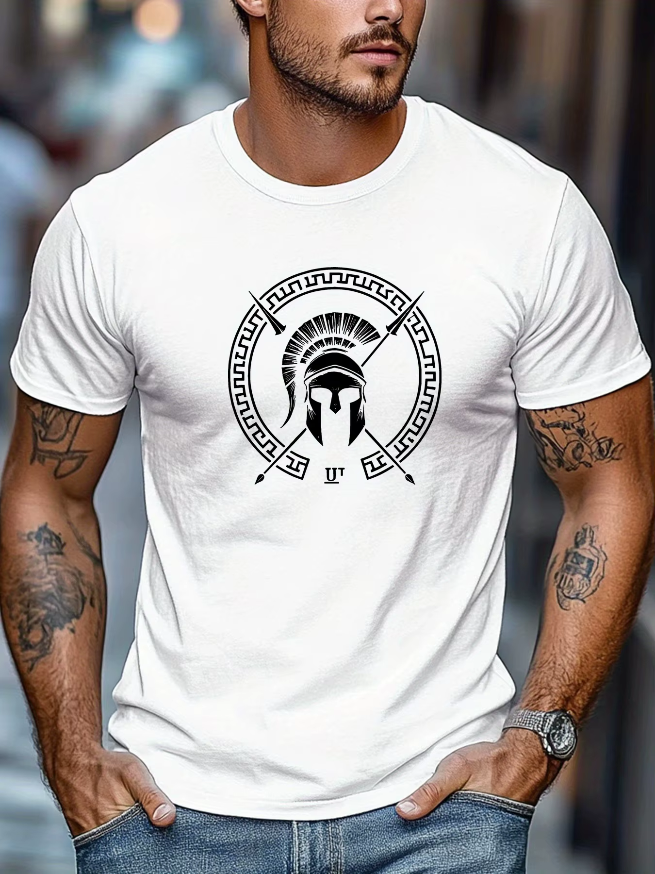 T-shirt d'été 100% pur coton pour hommes, décontracté, ample, motif casque Spartan imprimé, respiran