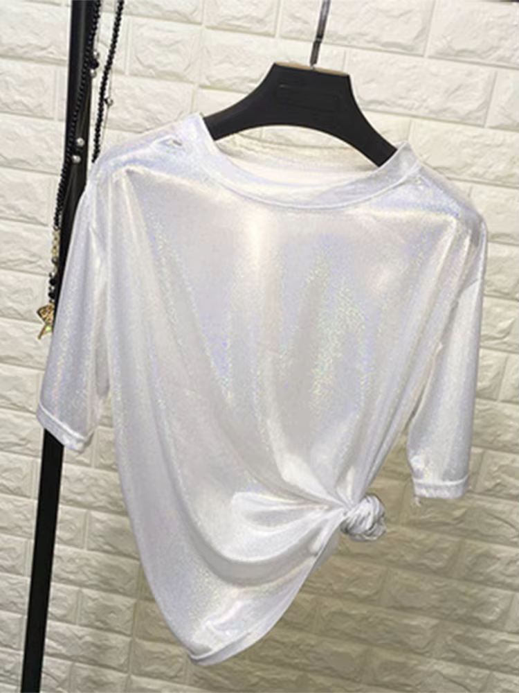 Été femme hauts brillant ample à manches courtes t-shirt sexy club esthétique harajuku femmes élégan