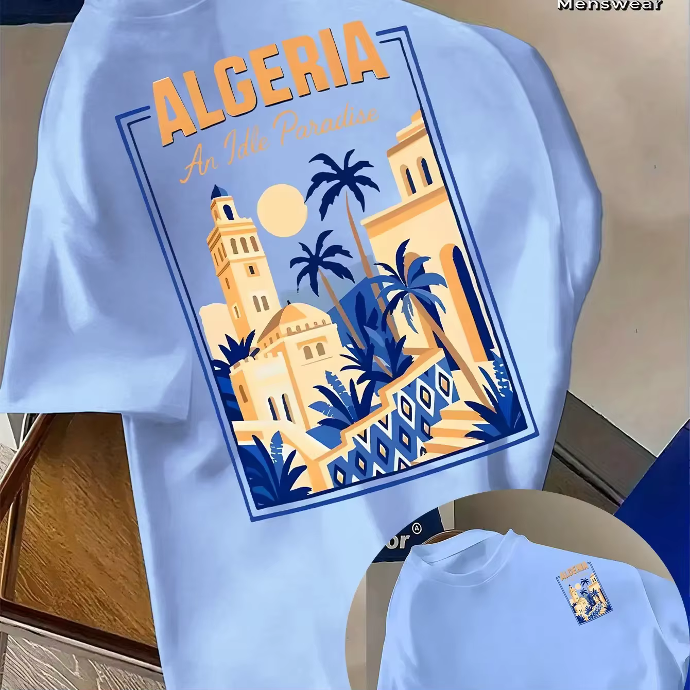 T-shirt d'été pour homme de style maghrébin avec le logo « Algérie » sur un haut à col rond respiran