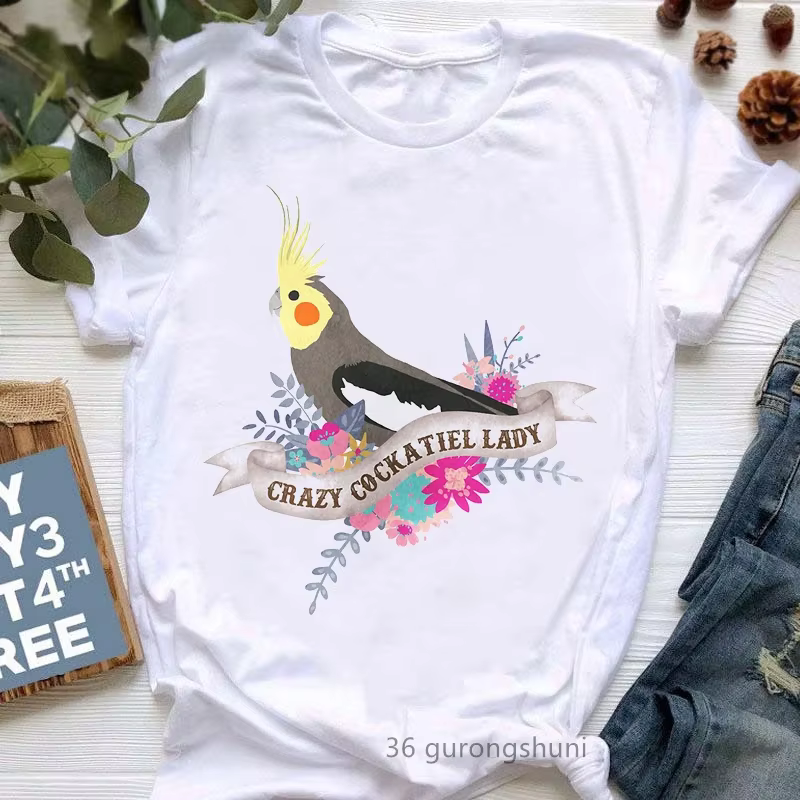 T-shirt imprimé graphique pour femme, joli t-shirt perroquet, blanc, manches courtes, j'aime vraimen
