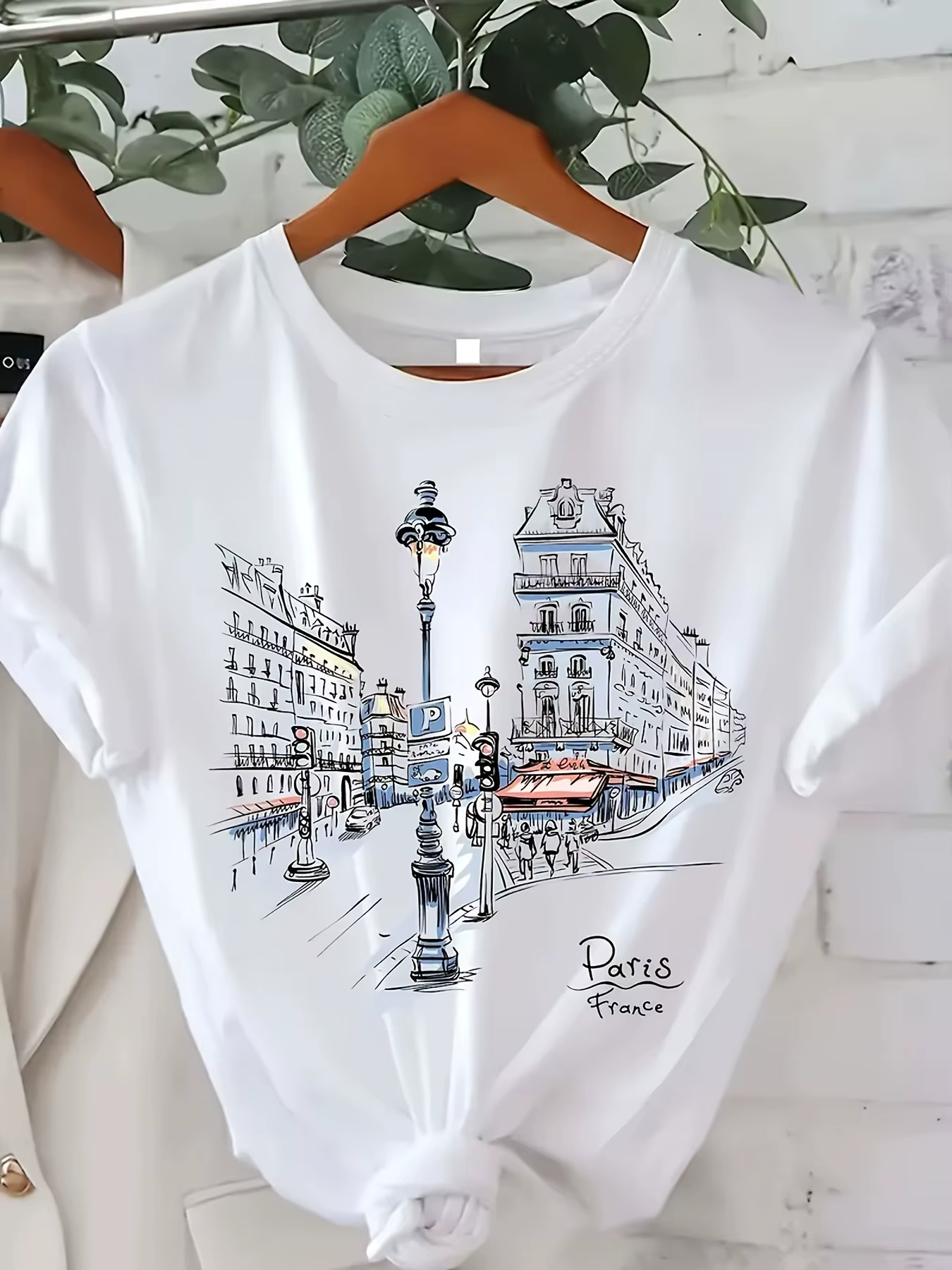T-shirt imprimé Paris Street pour femmes, manches courtes, col rond, haut décontracté avec motif Tou