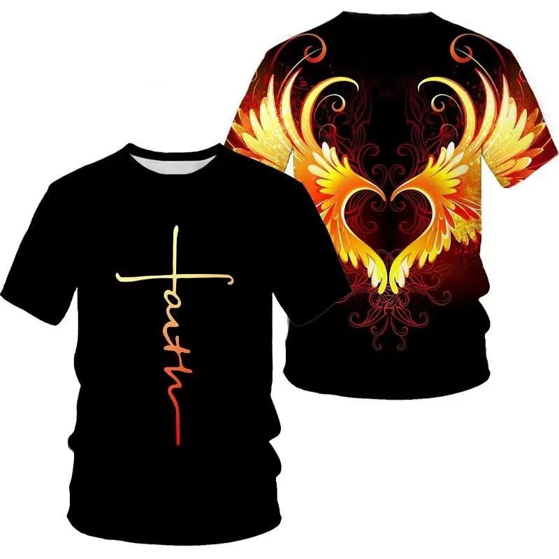 Ailes d'ange croix 3D imprimé t-shirt hommes femmes mode Cool et amusant à manches courtes t-shirt