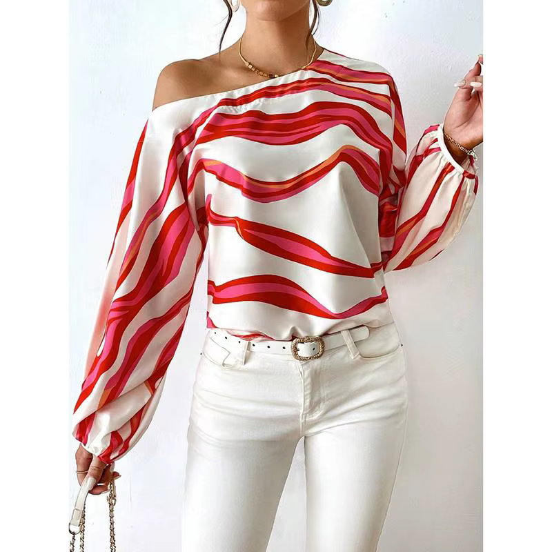 Mode à manches longues Sexy épaules nues chemises femmes Slash cou imprimé Blouses décontractées en 