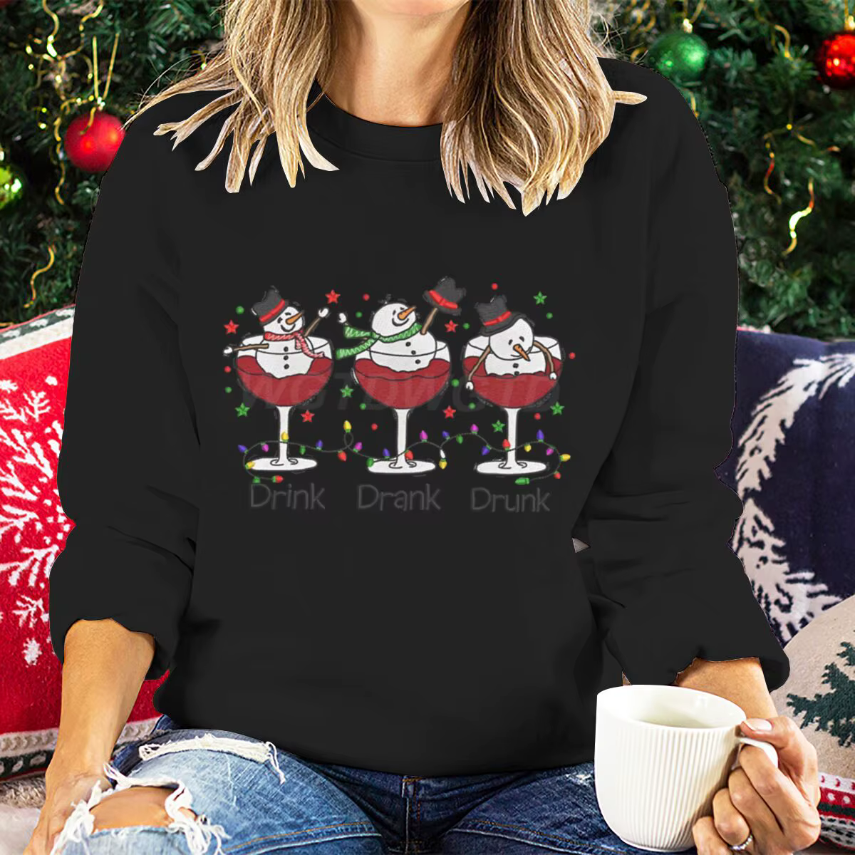 Sweat-shirt de noël pour femmes, verre à vin, pull, cadeaux de noël, haut de dessin animé, manches l