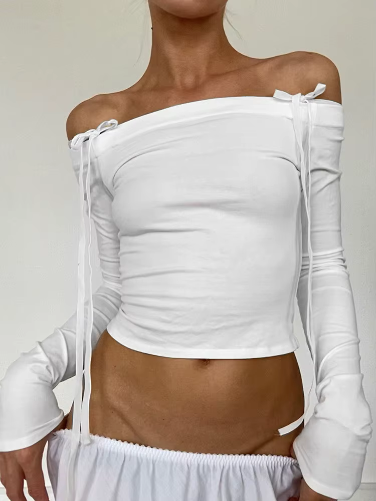 T-shirts à manches longues pour femmes, Sexy, épaules dénudées, avec nœud, Slim, mode Y2K, couleur u