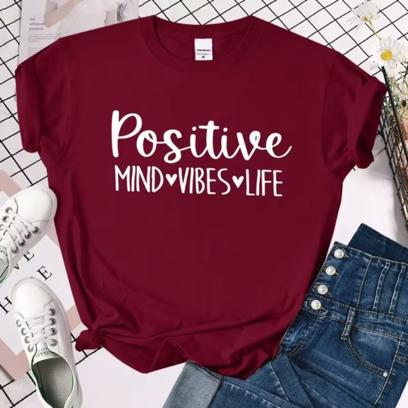 T-shirt manches courtes col rond femme, estival et positif, avec lettres imprimées Beaumont Vibes Li