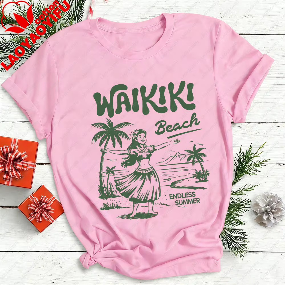 Waikiki chemise de plage Hawaii graphique T-Shirt Hula Girl Vintage île T-Shirt sans fin été vacance