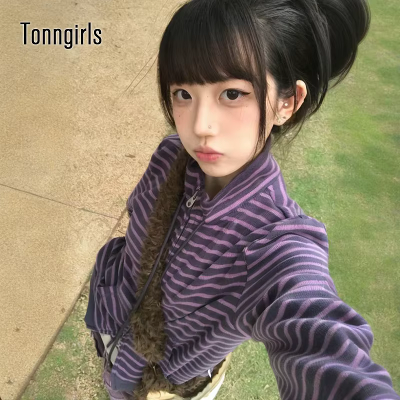 Tonngirls Y2k sweats japonais femmes à manches longues rayé col montant sweat haute rue graphique ma