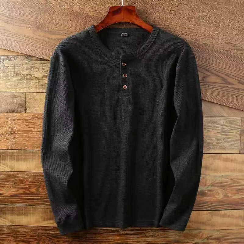 T-shirt basique pour hommes, coupe cintrée, décontracté, Henley gaufré, chemises à manches longues, 