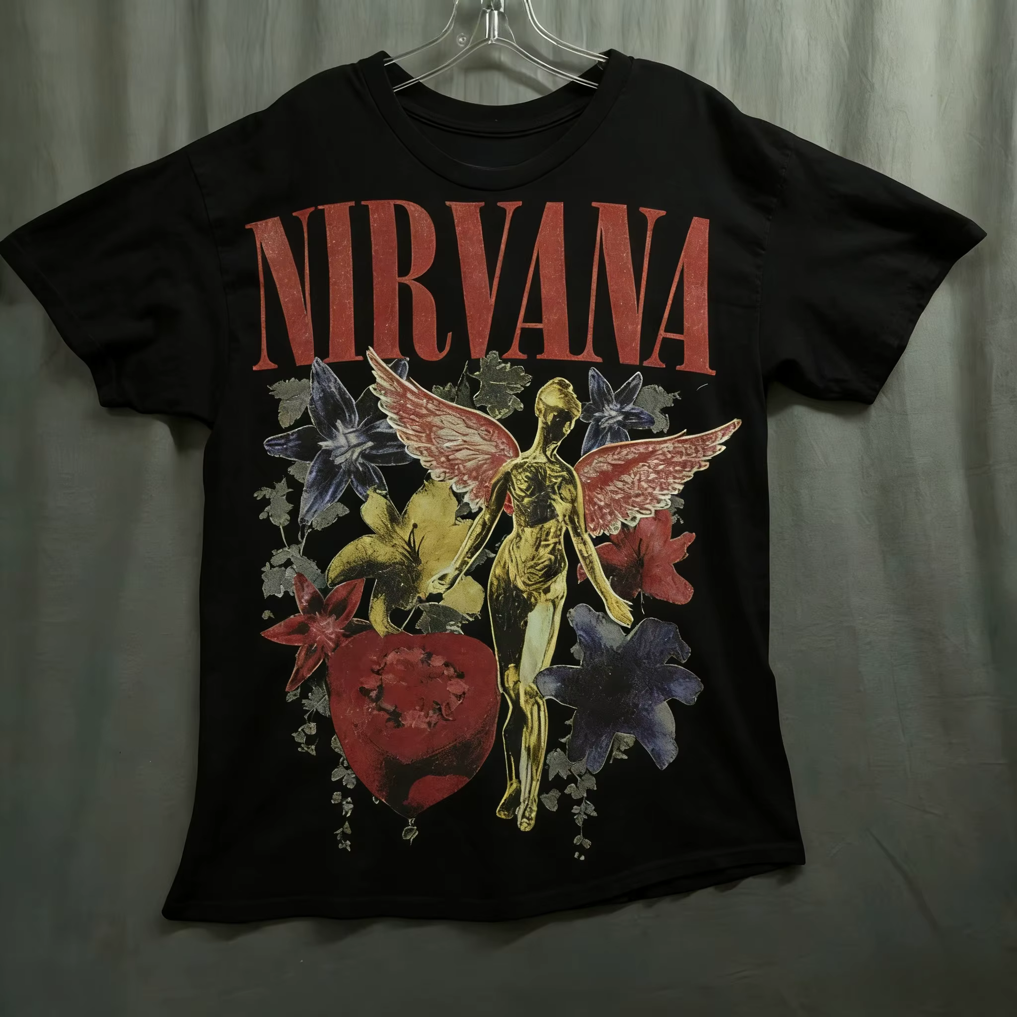 T-shirt à manches courtes et col rond Nirvana Vintage Rock Band, t-shirt graphique rétro à motif flo