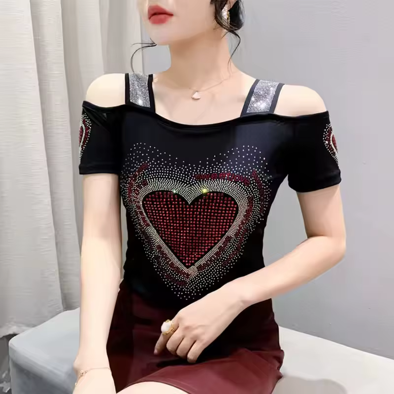 Nouveau Design européen de fleur de Rose vêtements pour femmes T-Shirt Chic épaules nues diamants ch
