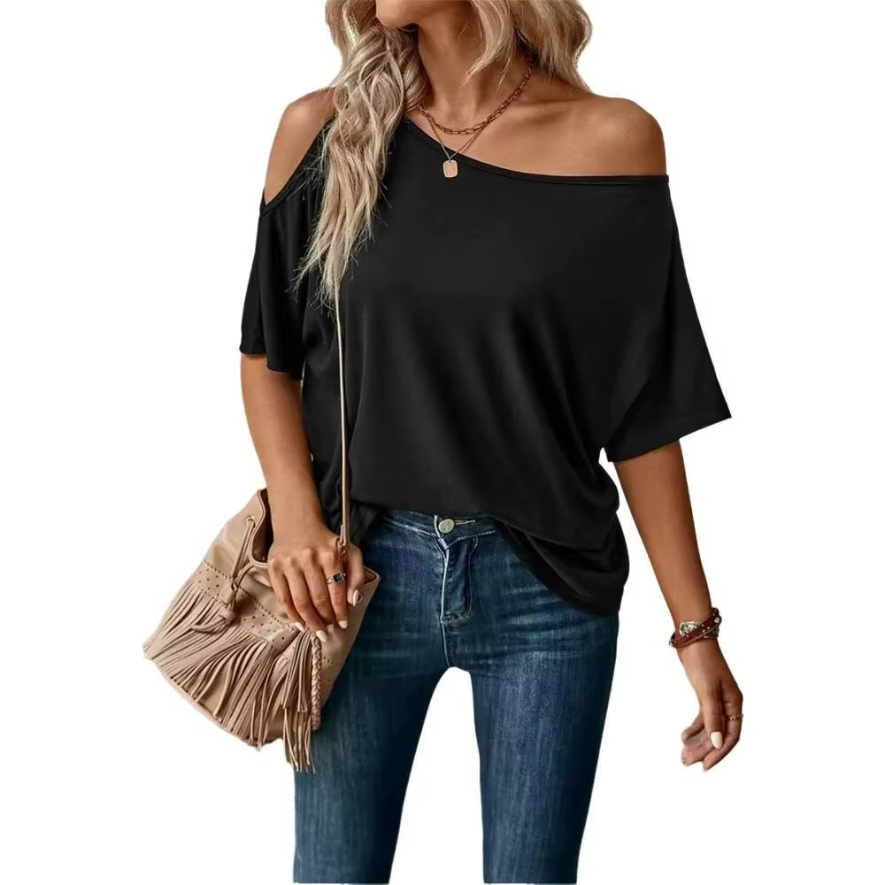 T-shirt noir asymétrique à épaules dénudées pour femme, manches chauve-souris courtes, coupe ample, 