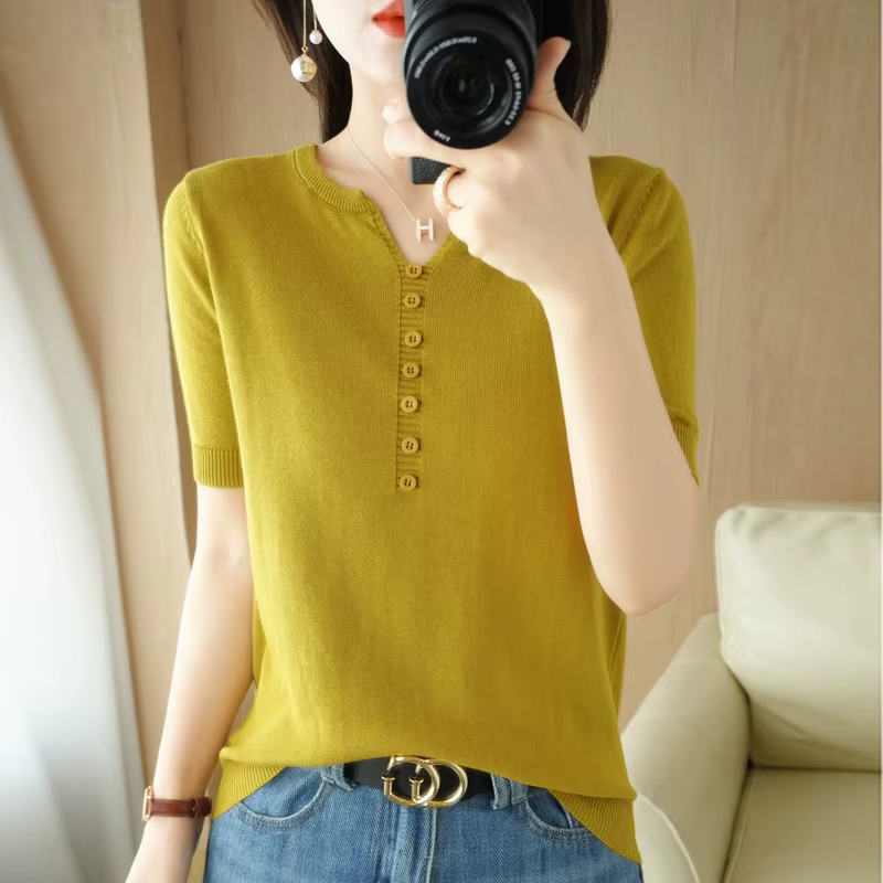 T-shirt à manches courtes et col en v pour femmes, 100% coton, Slim, pull-over, gilet, T-shirt à bou