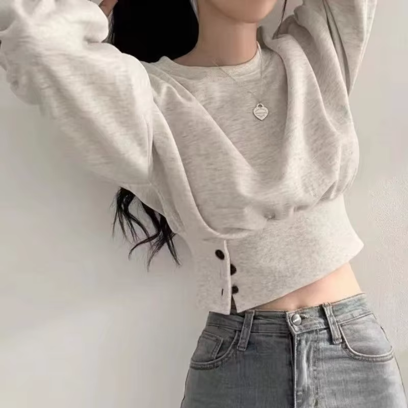 Haut court à col rond pour femme, couleur unie, manches lanternes, avec boutons, pull sportif Hip-Ho
