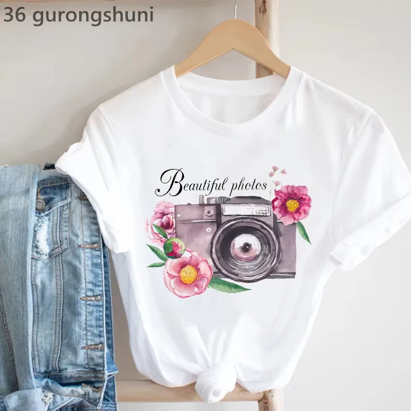 Vintage T-Shirt Femmes Caméra Oiseau Tshirt Femme Mode D'été À Manches Courtes T-Shirt Femme Casual