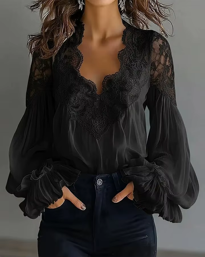 Chemisier ample décontracté pour femme, blanc/noir, avec dentelle, manches bouffantes, col en V, man