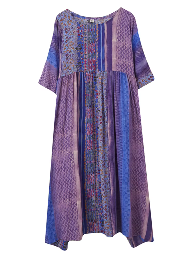 Manches courtes coton lin Vintage violet robes florales pour les femmes décontracté ample longue rob