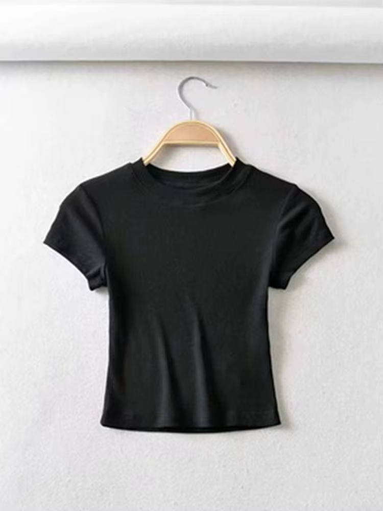 Été Sexy femmes col rond à manches courtes T-shirt mince élastique maigre culture hauts