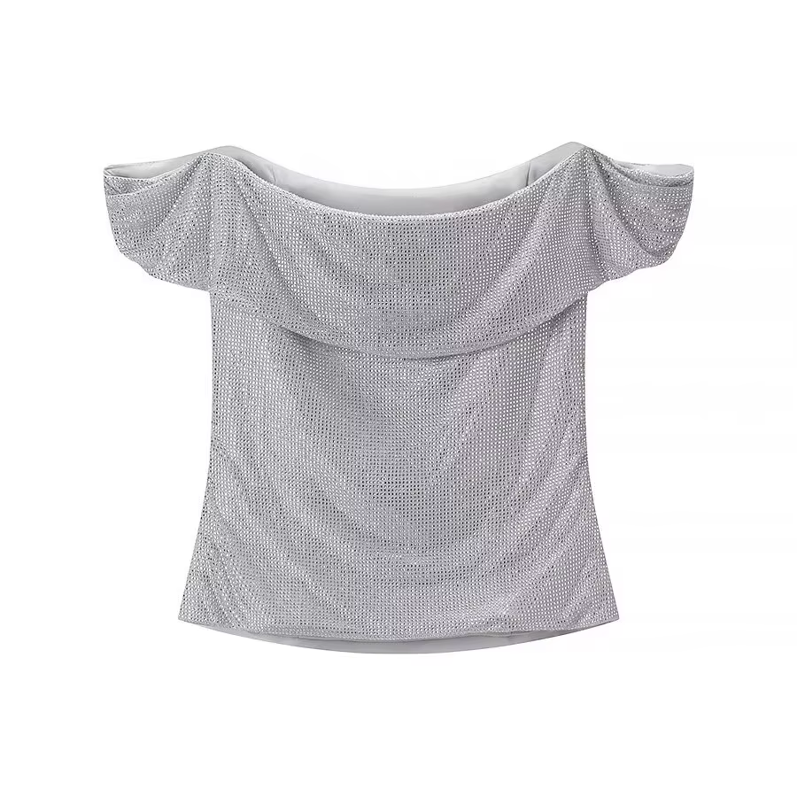 HH femmes nouvelle mode sans manches hauts courts argent une pièce col dos nu diamant décoration fem