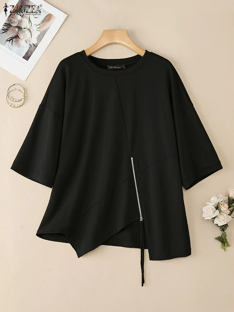 ZANZEA T-Shirts surdimensionnés pour femmes, tendance et Chic, demi-manches, couture diagonale, ourl