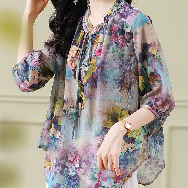 Chemise en mousseline de soie pour femmes, haut ample rétro, chemise florale à la mode, nouvelle col