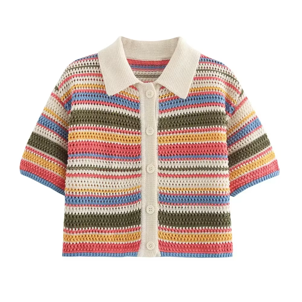 Pull court rayé en tricot au crochet pour femme, col polo, manches courtes, boutonné, pull femme, ch