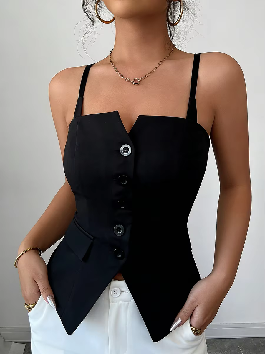 Débardeur décontracté pour femme, noir, printemps-été, à fines bretelles, col cœur, boutonné, coupe 