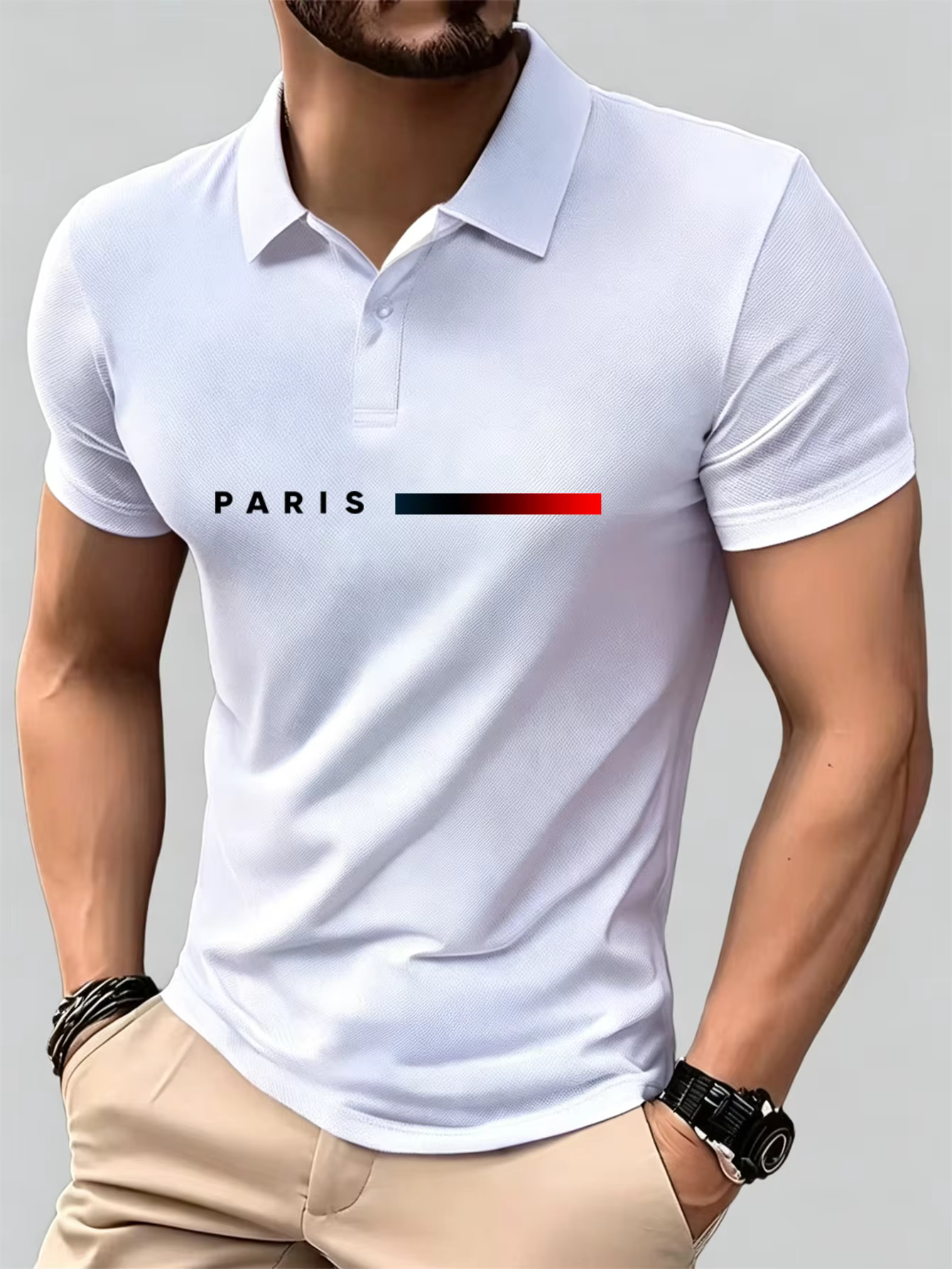 Polo à manches courtes imprimé Paris pour homme, coupe ajustée, t-shirt décontracté en coton, bleu m